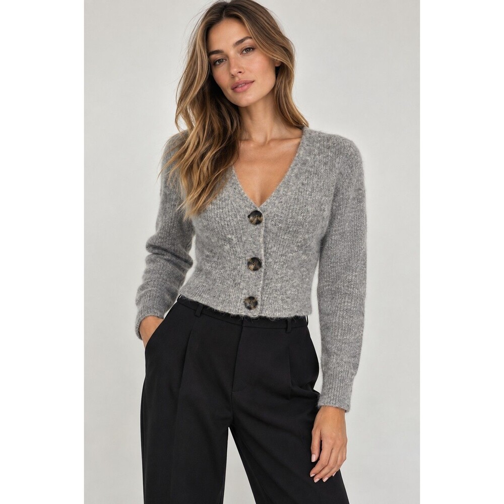 GANNI Gray Alpaca Wool Blend Cropped Cardigan M Fuzzy Knit V Neck 3 Button XS
